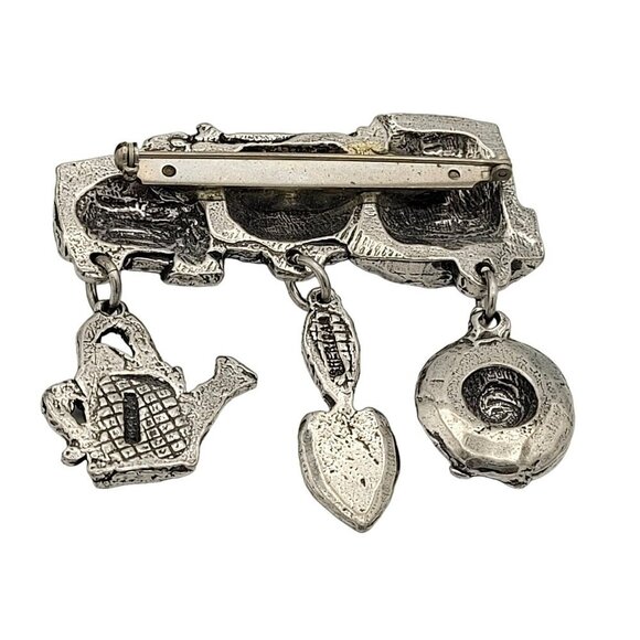 Sheridan Silvertone Pewter Gardening Theme Brooch Hat Trowel Watering Can Charms - Picture 2 of 4